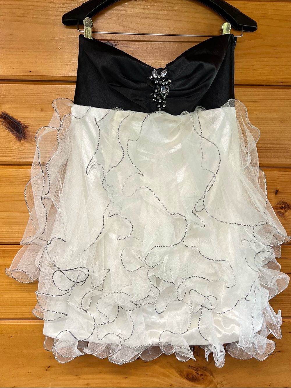 Black Strapless Bodice with White Ruffled Tulle  Skirt Party Cocktail Dress